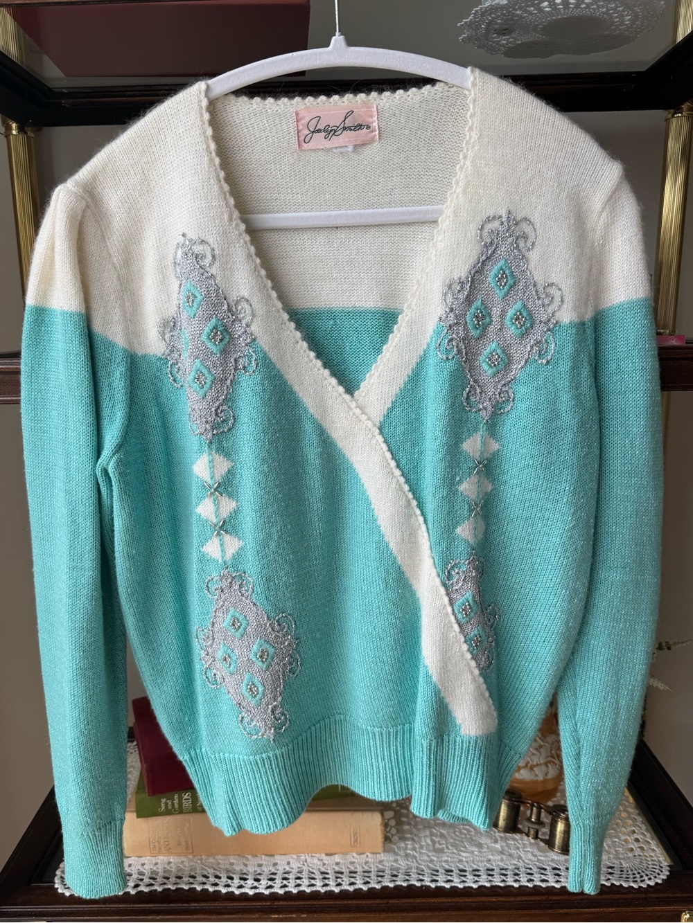Vintage Jaclyn Smith Aqua Ivory Embellished Wrap Sweater L